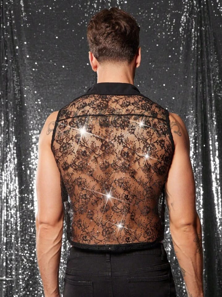 Men's Semi-Sheer Sexy Lace Tank Top